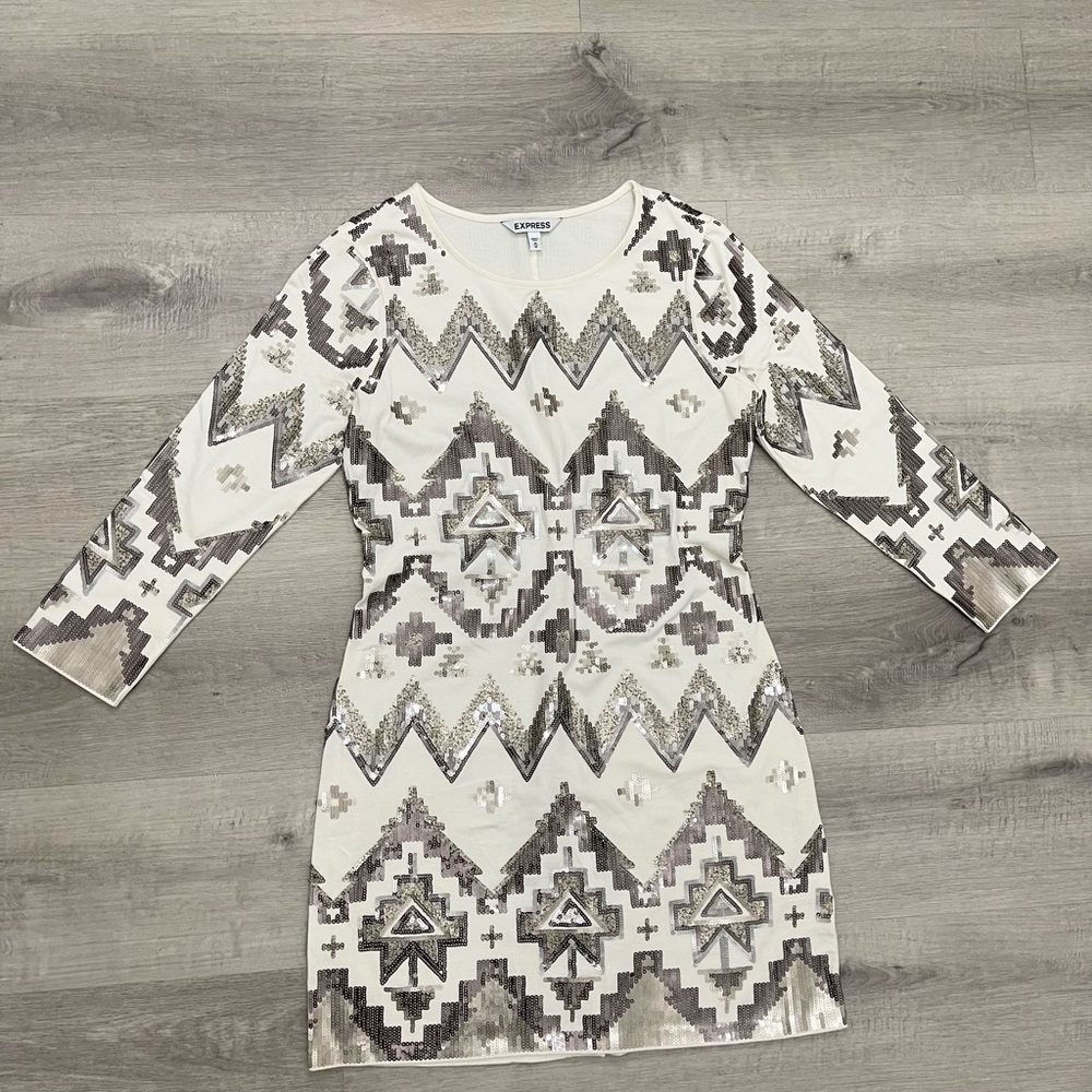 Express Cream and Silver Sheath Dress 3/4 Sleeve Crew Neck
